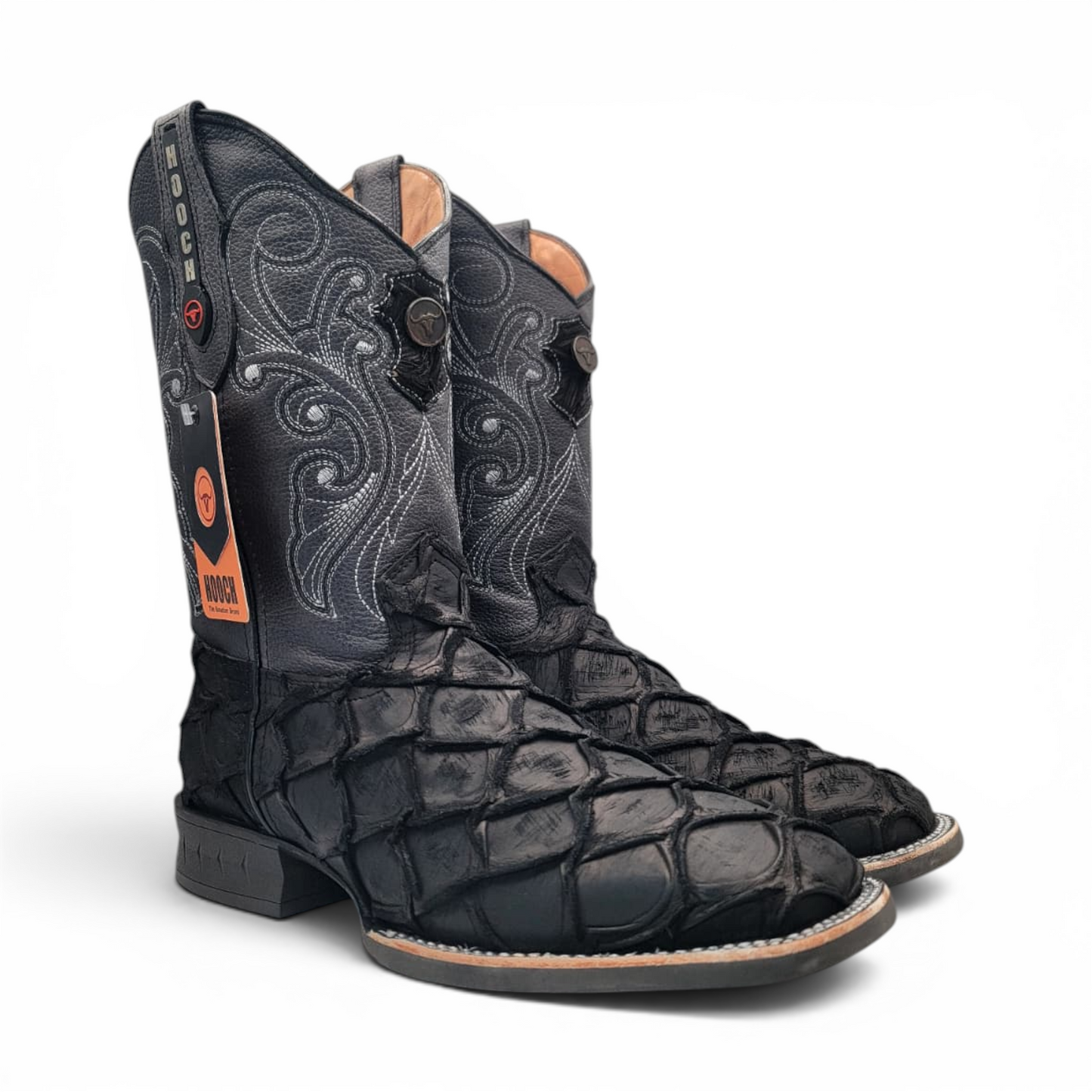 Mens Pirarucu Print Boot Black – Square Toe Rubber Sole Leather Boot H520572