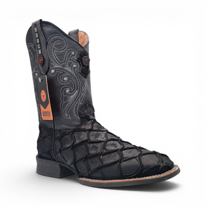 Mens Pirarucu Print Boot Black – Square Toe Rubber Sole Leather Boot H520572