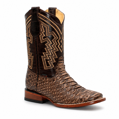 Men's brown python-print genuine leather wide square toe cowboy boot H526307 front three-quarter view