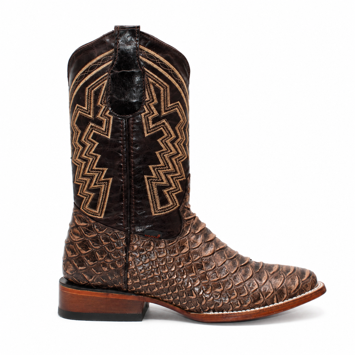 Men's brown python-print genuine leather wide square toe cowboy boot H526307 side view