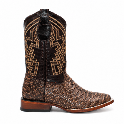 Men's brown python-print genuine leather wide square toe cowboy boot H526307 side view