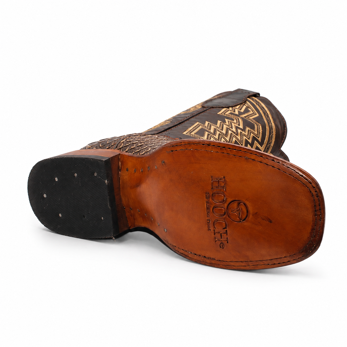 Men's brown python-print genuine leather cowboy boot H526307 leather outsole detail