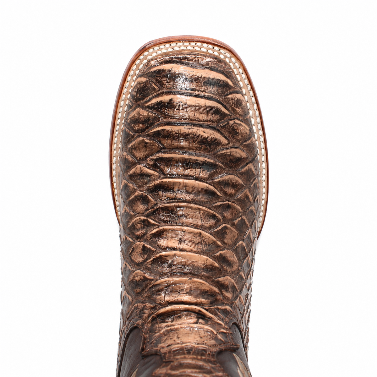 Men's brown python-print wide square toe cowboy boot H526307 toe detail