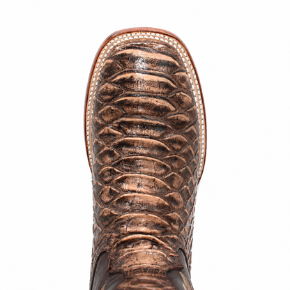 Men's brown python-print wide square toe cowboy boot H526307 toe detail