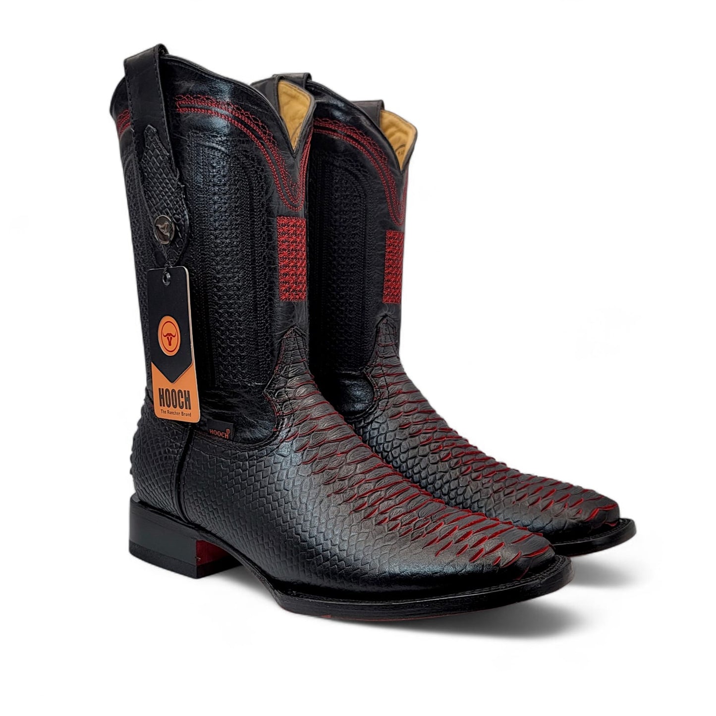 Mens Red Embossed Python Print Western Boot – Genuine Leather Square Toe H526318