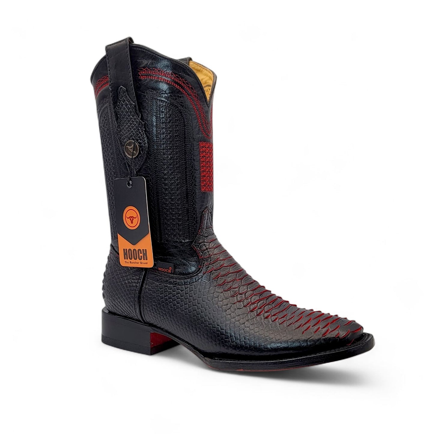 Mens Red Embossed Python Print Western Boot – Genuine Leather Square Toe H526318