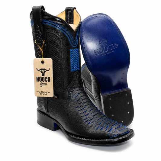 Men's black and blue embossed python print Western boots with blue leather sole, style H526328