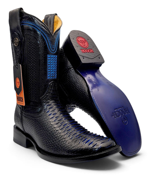 Men's black embossed python print Western boot showing blue leather sole and blue scale accents, style H526328