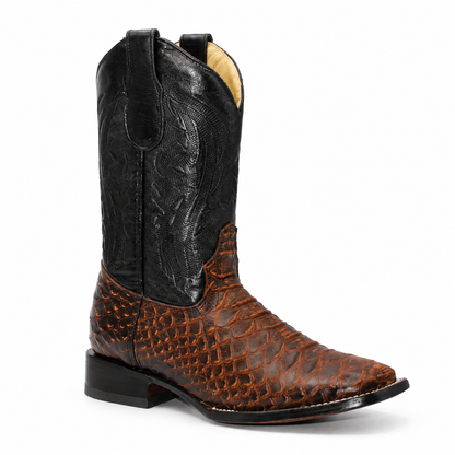 Men's Shedron python-print genuine leather wide square toe cowboy boot H526350 front three-quarter view
