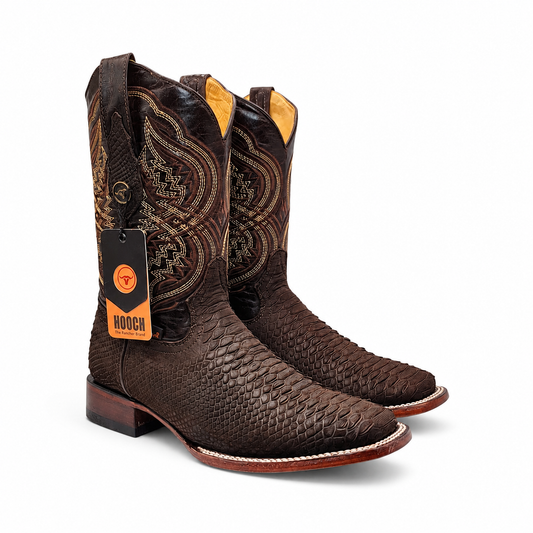 Men's chocolate embossed python print Western boots with square toe, style H526394