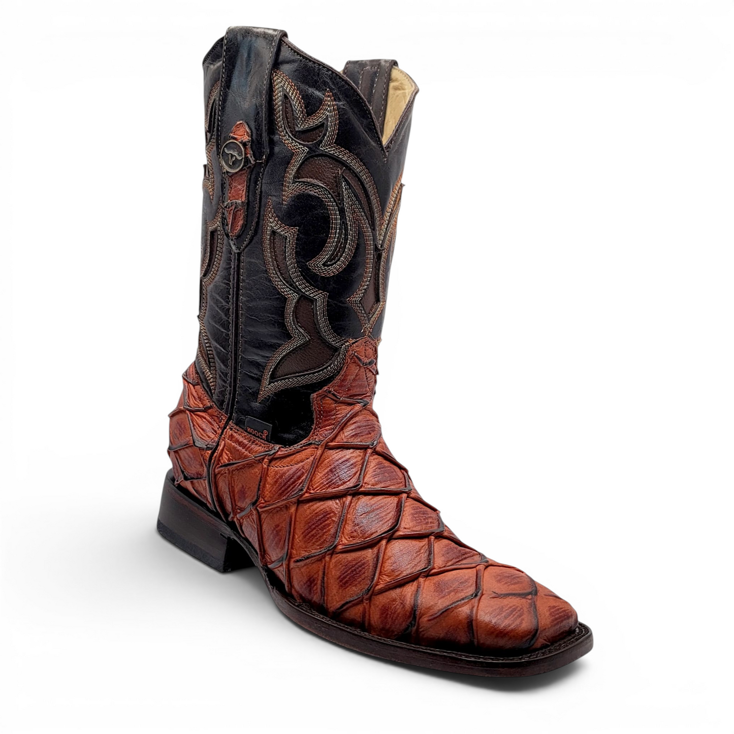 Mens pirarucu print boot Cognac nobuck leather square toe western boot Hooch Boots H52F0372