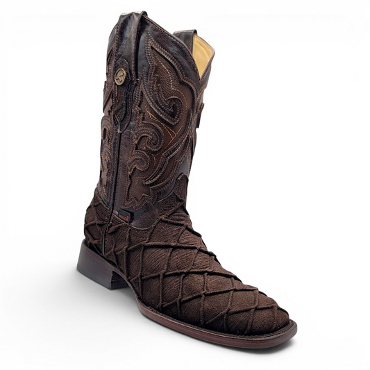Mens Pirarucu Print Boot Chocolate – Nobuck Leather Square Toe Western Boot H52F9472