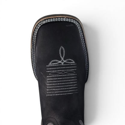 Mens Square Toe Boot Black Nobuck Leather – Rubber Sole Western Boot