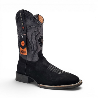 Mens Square Toe Boot Black Nobuck Leather – Rubber Sole Western Boot