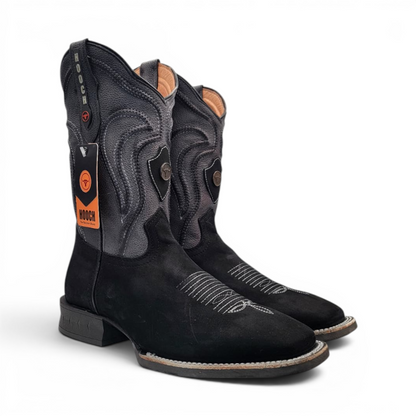 Mens Square Toe Boot Black Nobuck Leather – Rubber Sole Western Boot