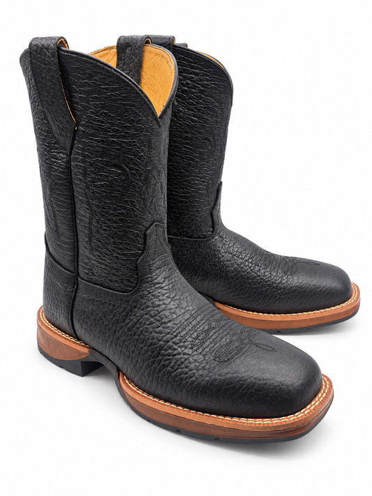 Hooch H52W0583 men's black bull shoulder square toe boots with rubber sole, view 1
