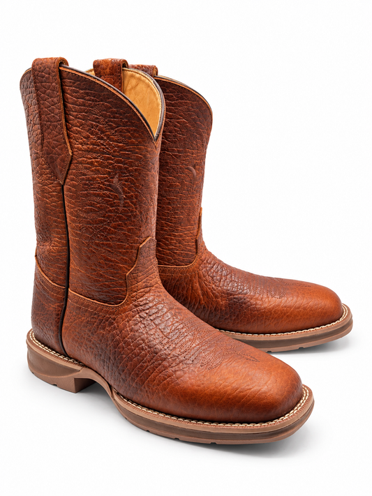 Hooch men's honey bull shoulder square toe boots — Angled pair view