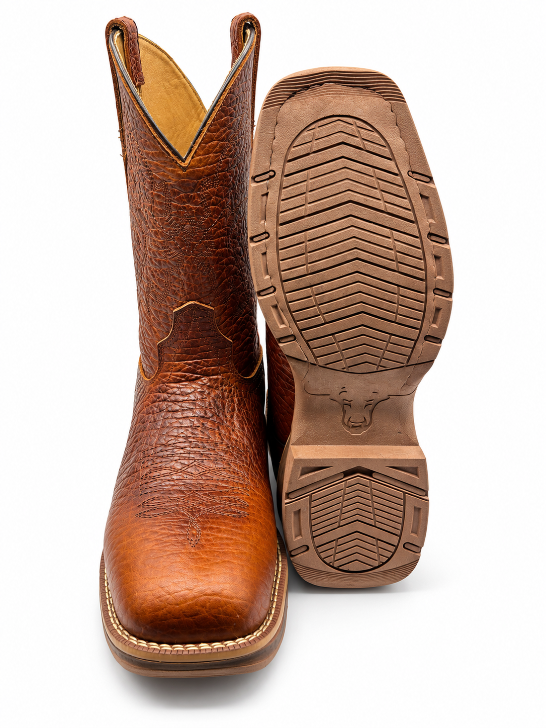 Hooch men's honey bull shoulder square toe boots — Brown rubber outsole and tread