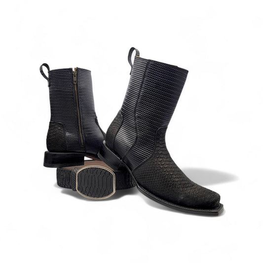 Mens Black Dubai Toe Western Boot H580563 Side Zipper with Belt