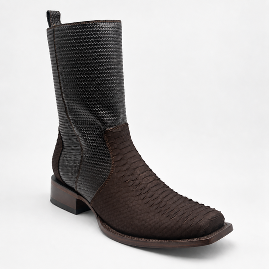 Mens Brown and Black Python-Embossed Square Toe Western Boot H589463