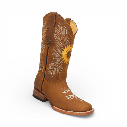 Womens Tan Western Boot with Sunflower Embroidery – Genuine Leather Square Toe H60131