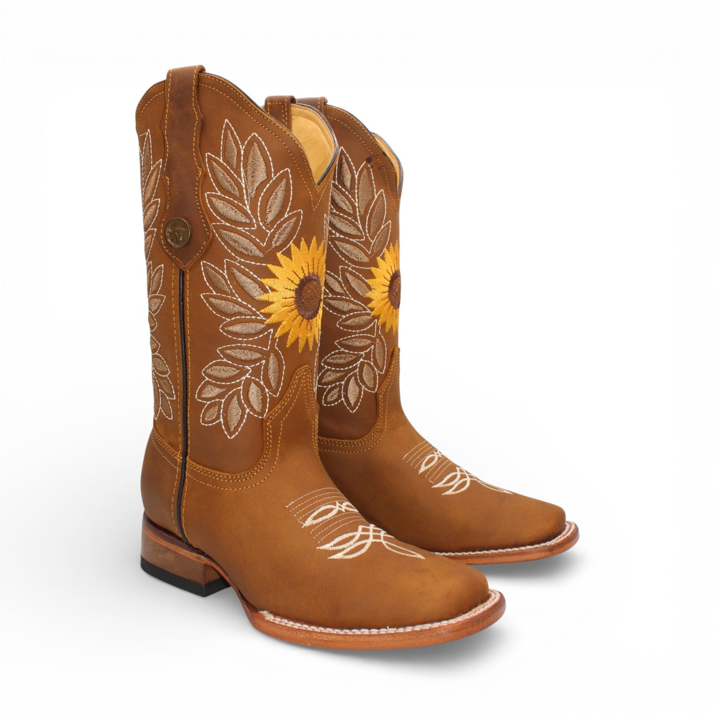 Womens Tan Western Boot with Sunflower Embroidery – Genuine Leather Square Toe H60131