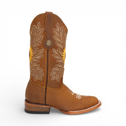 Womens Tan Western Boot with Sunflower Embroidery – Genuine Leather Square Toe H60131
