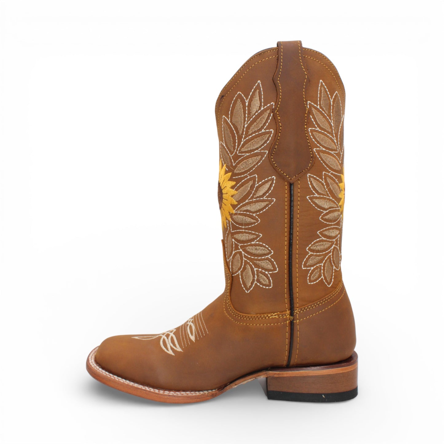 Womens Tan Western Boot with Sunflower Embroidery – Genuine Leather Square Toe H60131