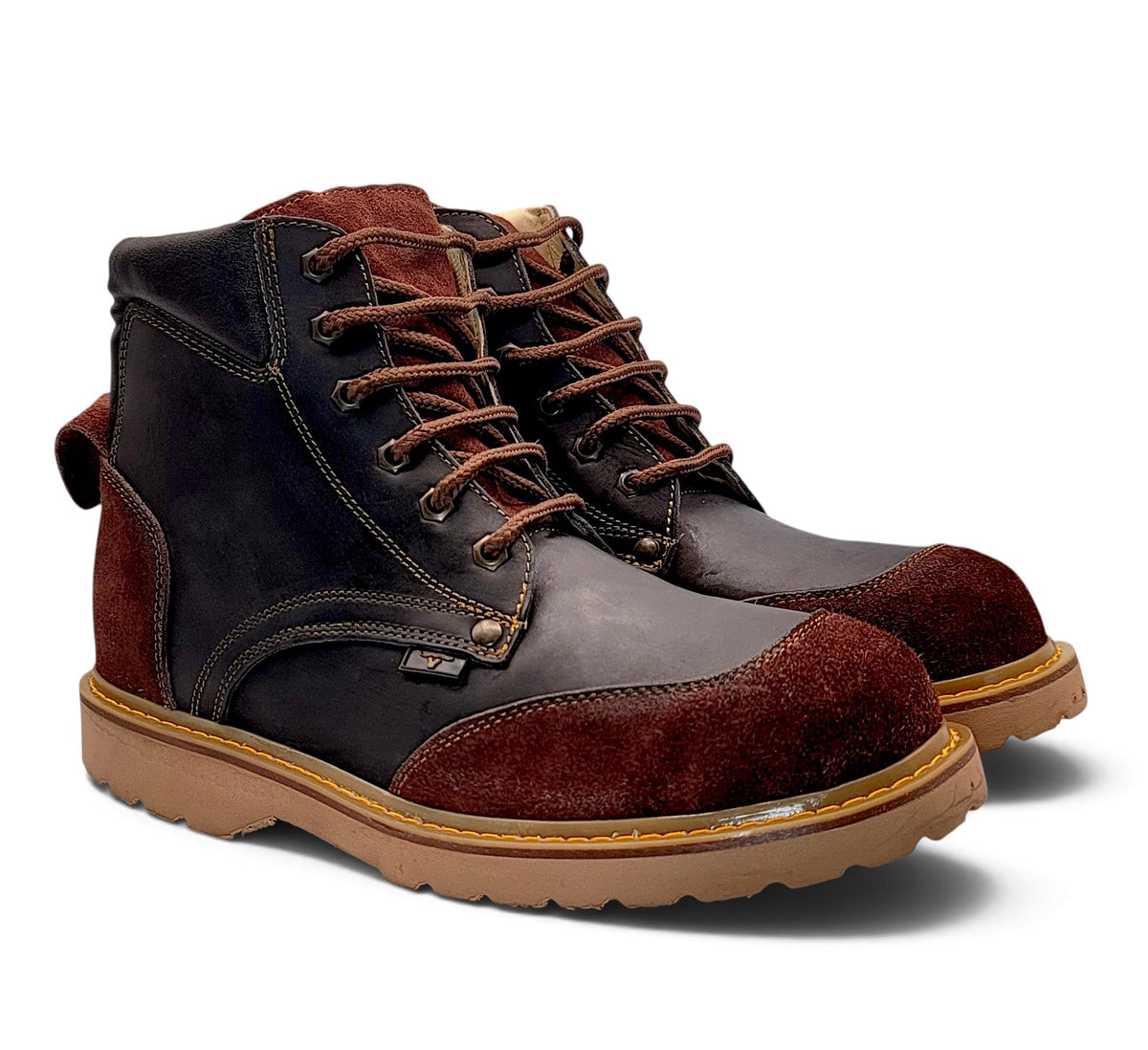 H60205 black and brown genuine leather work boots pair three-quarter view