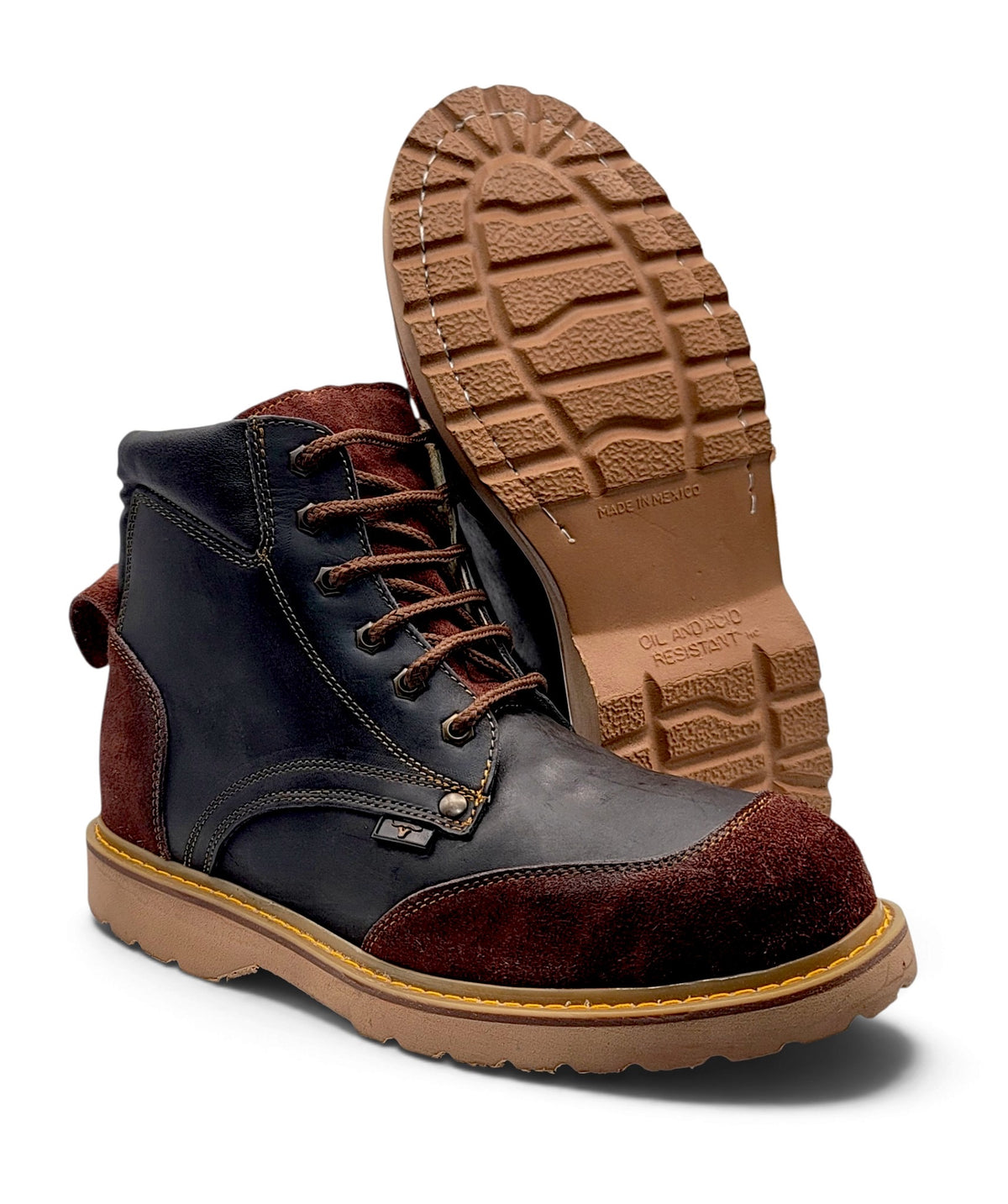 H60205 black and brown work boot with tan lug outsole view