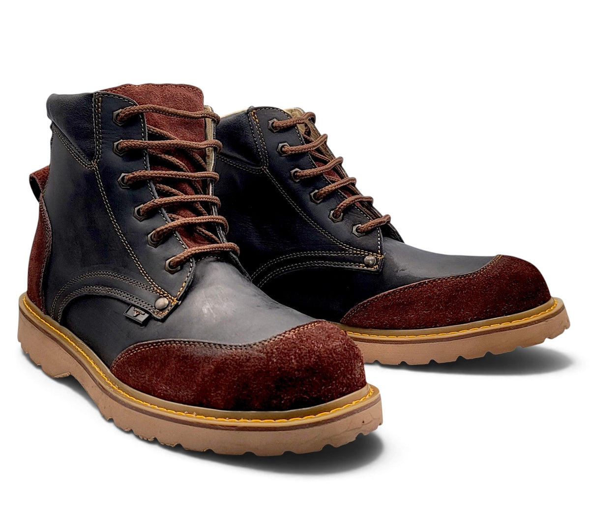 H60205 black and brown genuine leather work boots pair view