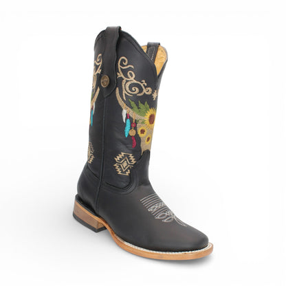 Womens Wide Square Toe Western Boot Black – Skull Embroidery H60305