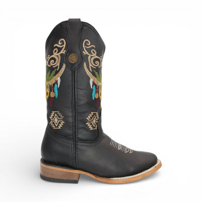 Womens Wide Square Toe Western Boot Black – Skull Embroidery H60305