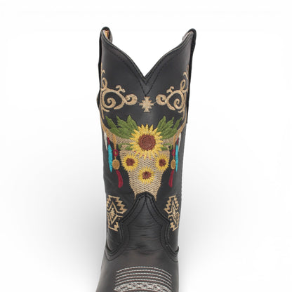Womens Wide Square Toe Western Boot Black – Skull Embroidery H60305