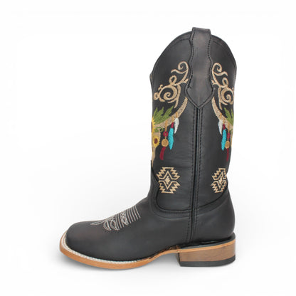 Womens Wide Square Toe Western Boot Black – Skull Embroidery H60305