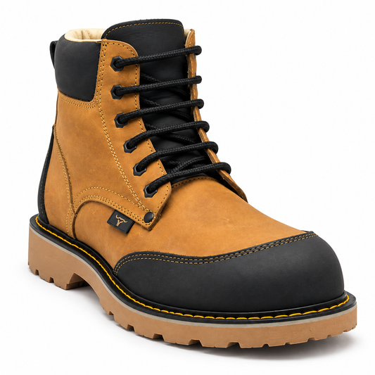 H60351 honey and black moc toe work boot three-quarter view