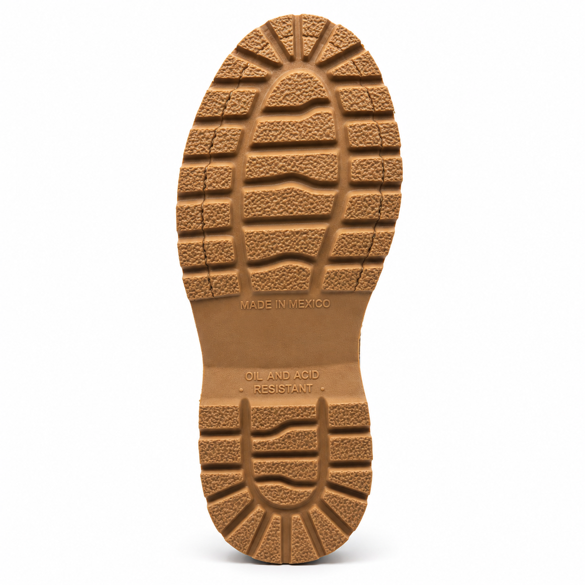 H60351 work boot tan lug outsole with Made in Mexico and oil and acid resistant markings