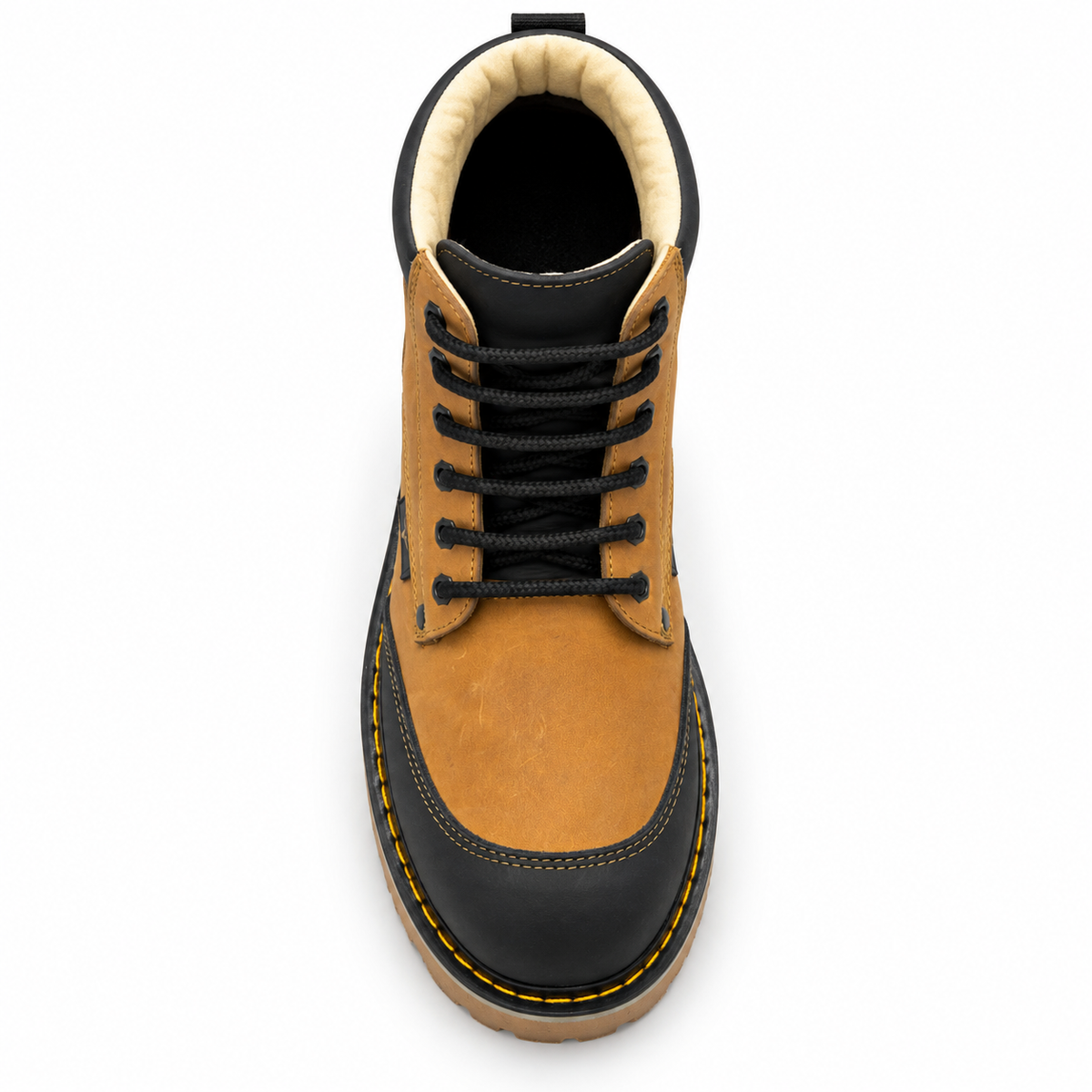 H60351 honey and black moc toe work boot top view