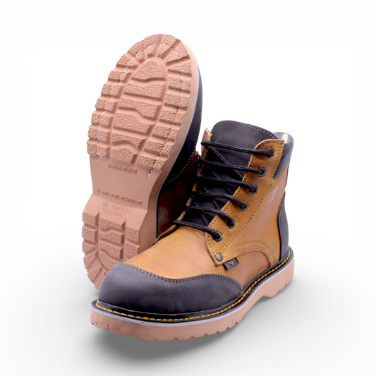 “Men’s 6-inch moc toe work boot in honey and black genuine leather with oil and acid-resistant rubber sole – style H60351