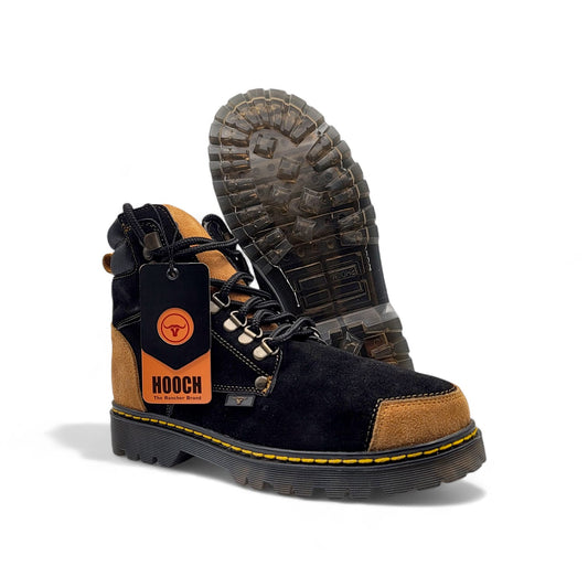 Mens Round Toe Work Shoe – Suede Leather with Transparent Rubber Sole Black & Honey H70151