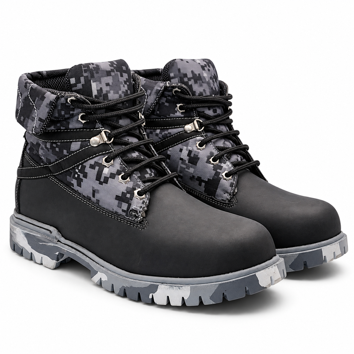 H70209 black and gray digital camo work boots pair three-quarter view