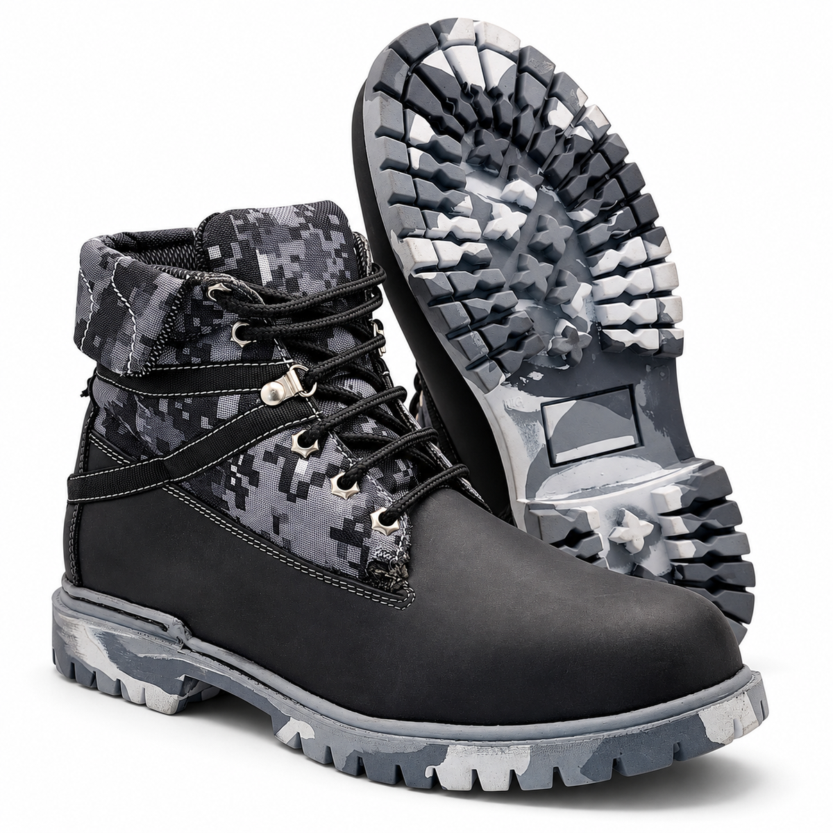 H70209 black digital camo work boot with gray camo lug outsole view