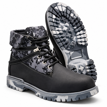 H70209 black digital camo work boot with gray camo lug outsole view