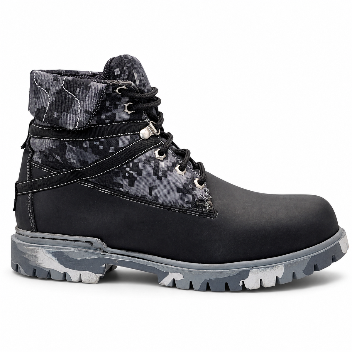 H70209 black and gray digital camo work boot side profile