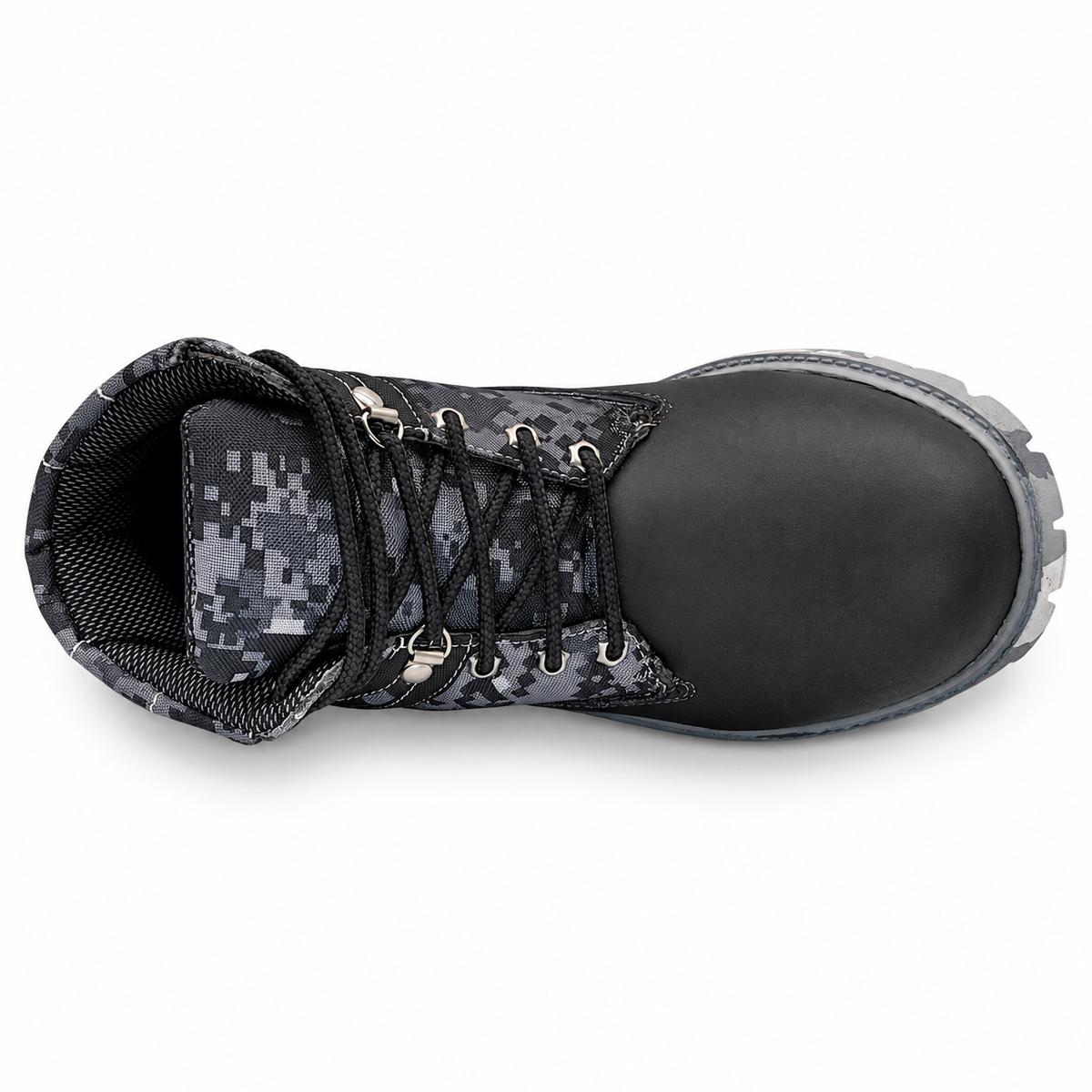 H70209 black and gray digital camo work boot top view