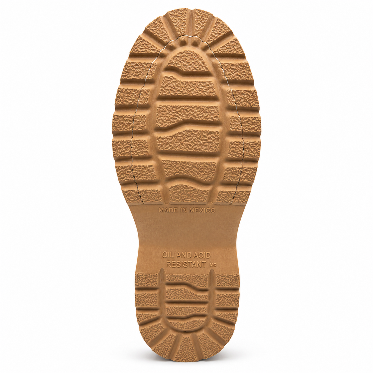 H70350 work boot tan lug outsole with Made in Mexico and oil and acid resistant markings
