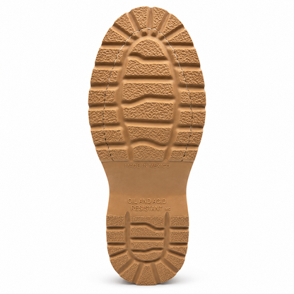 H70350 work boot tan lug outsole with Made in Mexico and oil and acid resistant markings
