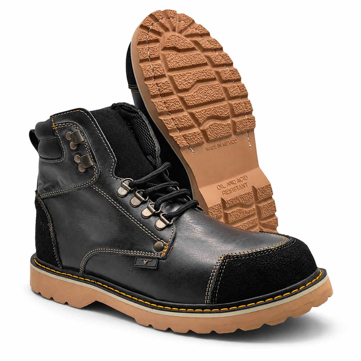 H70405 black work boot with tan lug outsole view