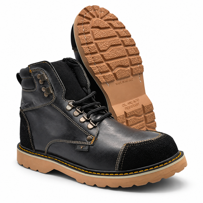H70405 black work boot with tan lug outsole view