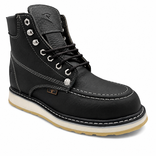 Men 6” Moc Toe Work Boot Black – Genuine Leather Durable Work Shoe H80105